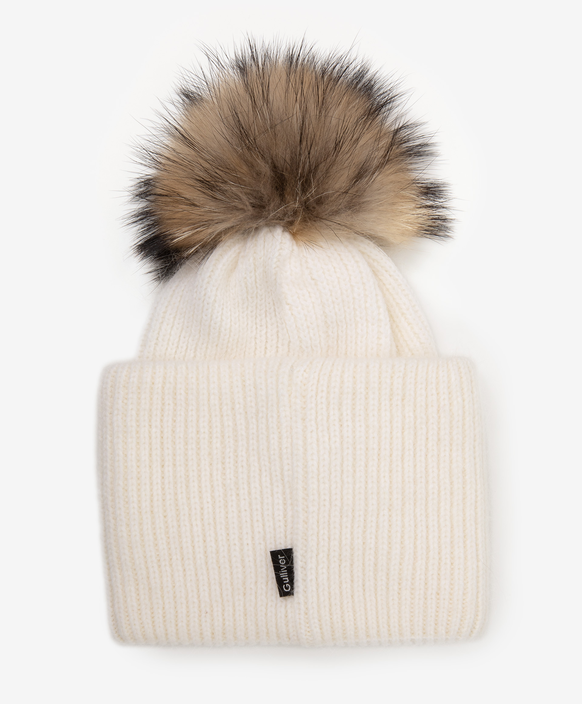 фото Шапка вязаная молочного цвета с помпоном gulliver