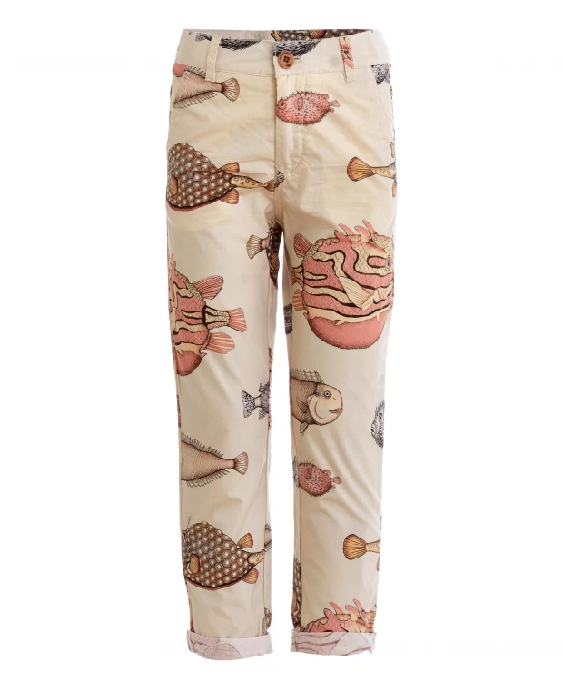 Бежевые брюки с орнаментом Диковинные рыбы Gulliver (128)