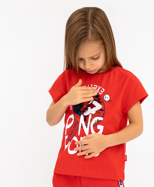 фото Красная футболка с принтом и пайетками gulliver (116)