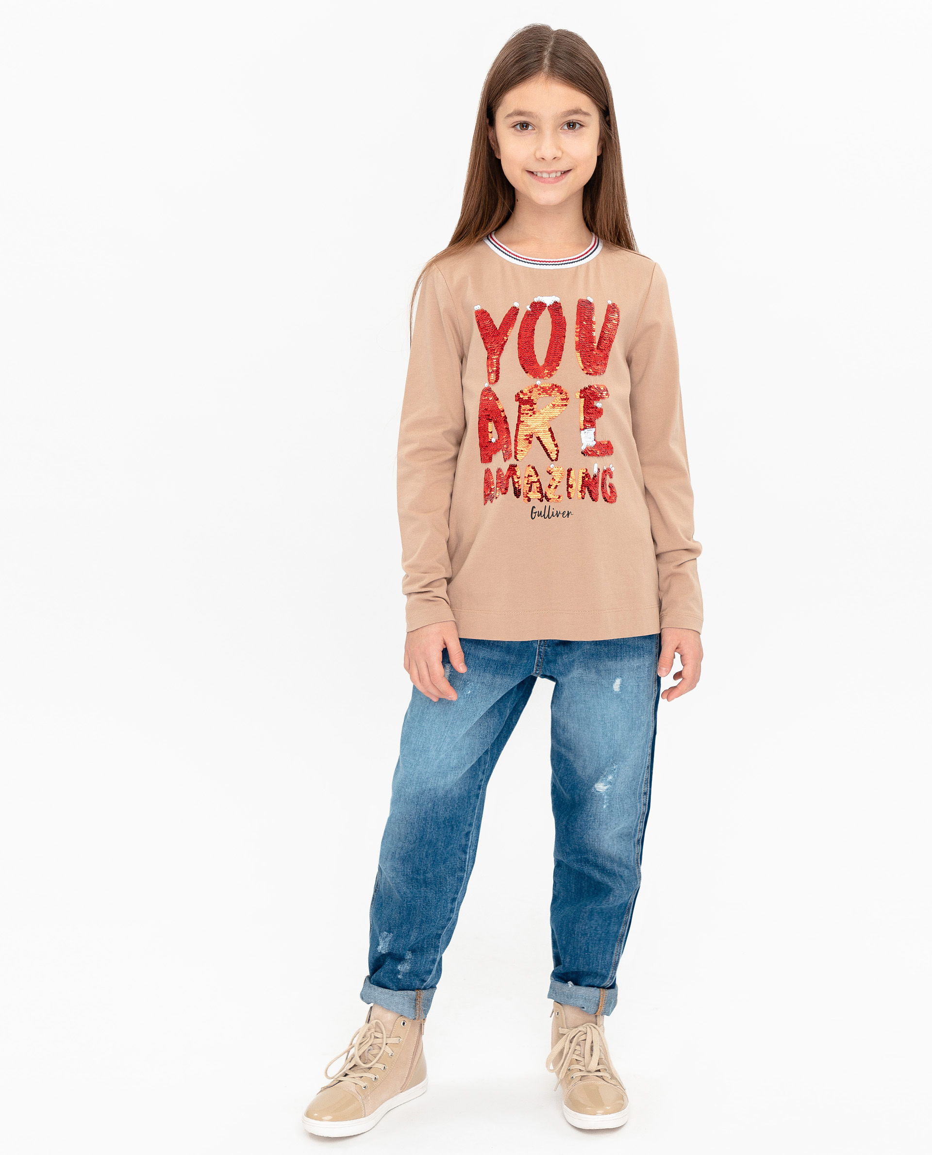 фото Бежевая футболка с длинным рукавом gulliver