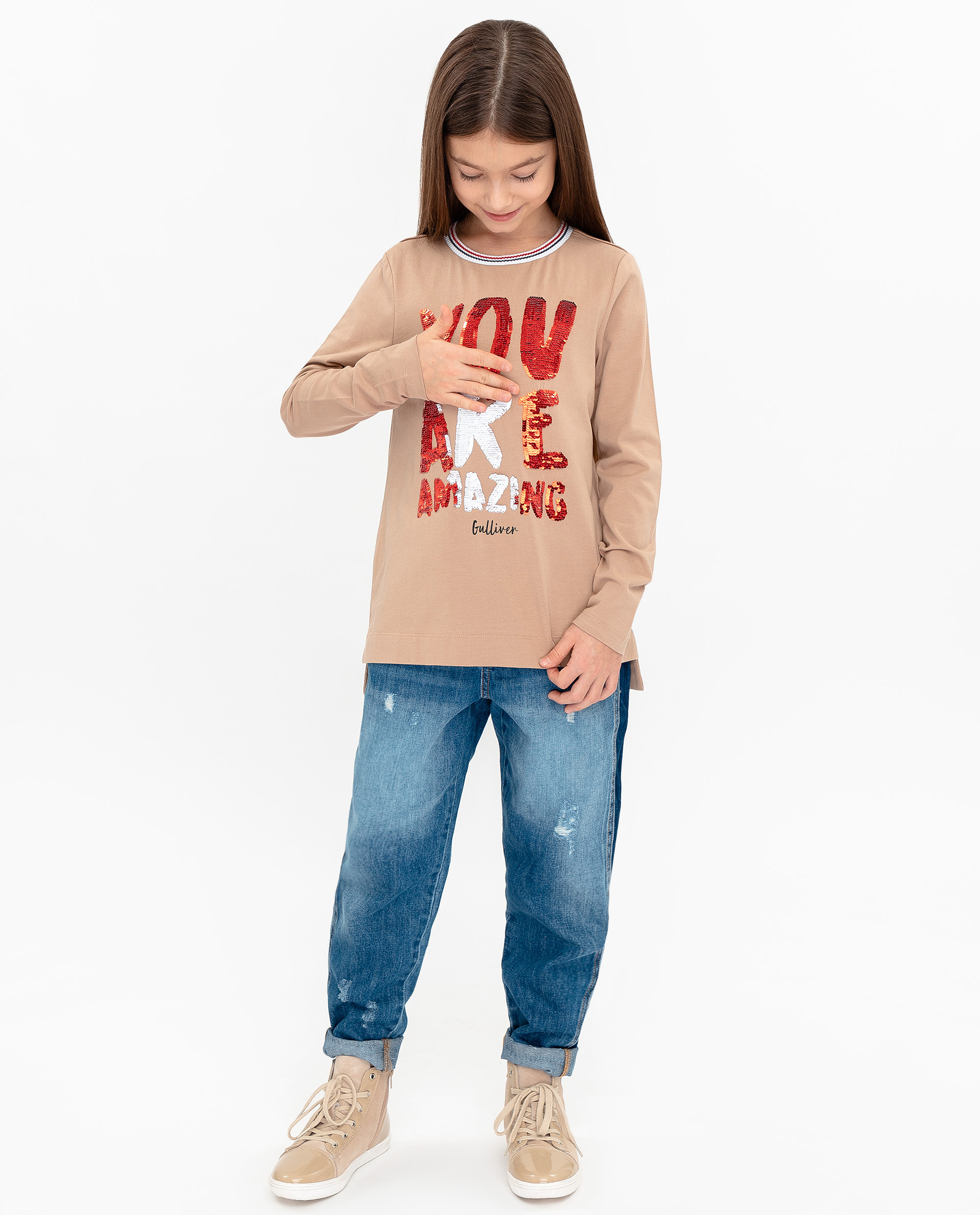 фото Бежевая футболка с длинным рукавом gulliver