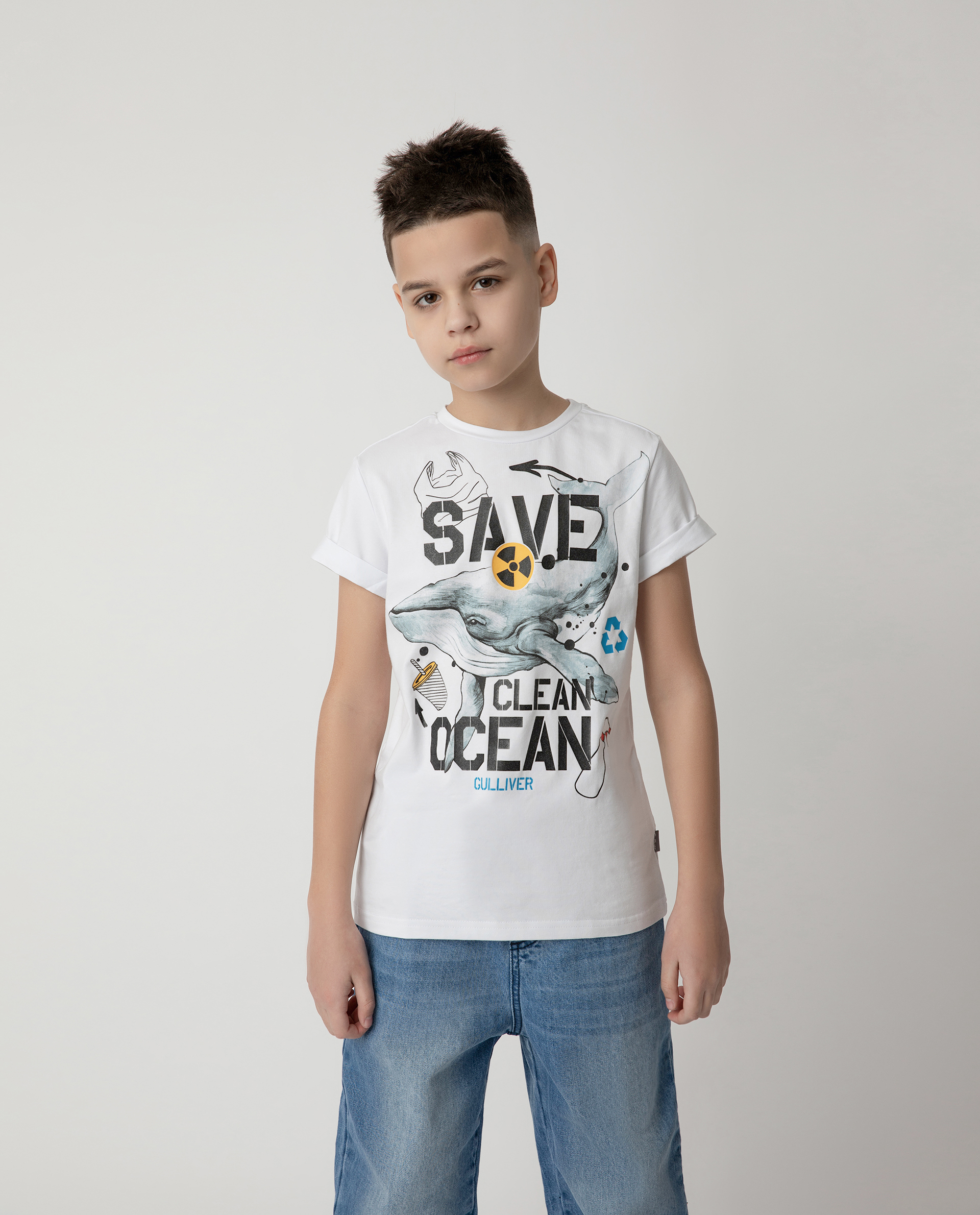 Футболка Save Clean Ocean для мальчика Gulliver 120FBJC1203, размер 164, цвет белый