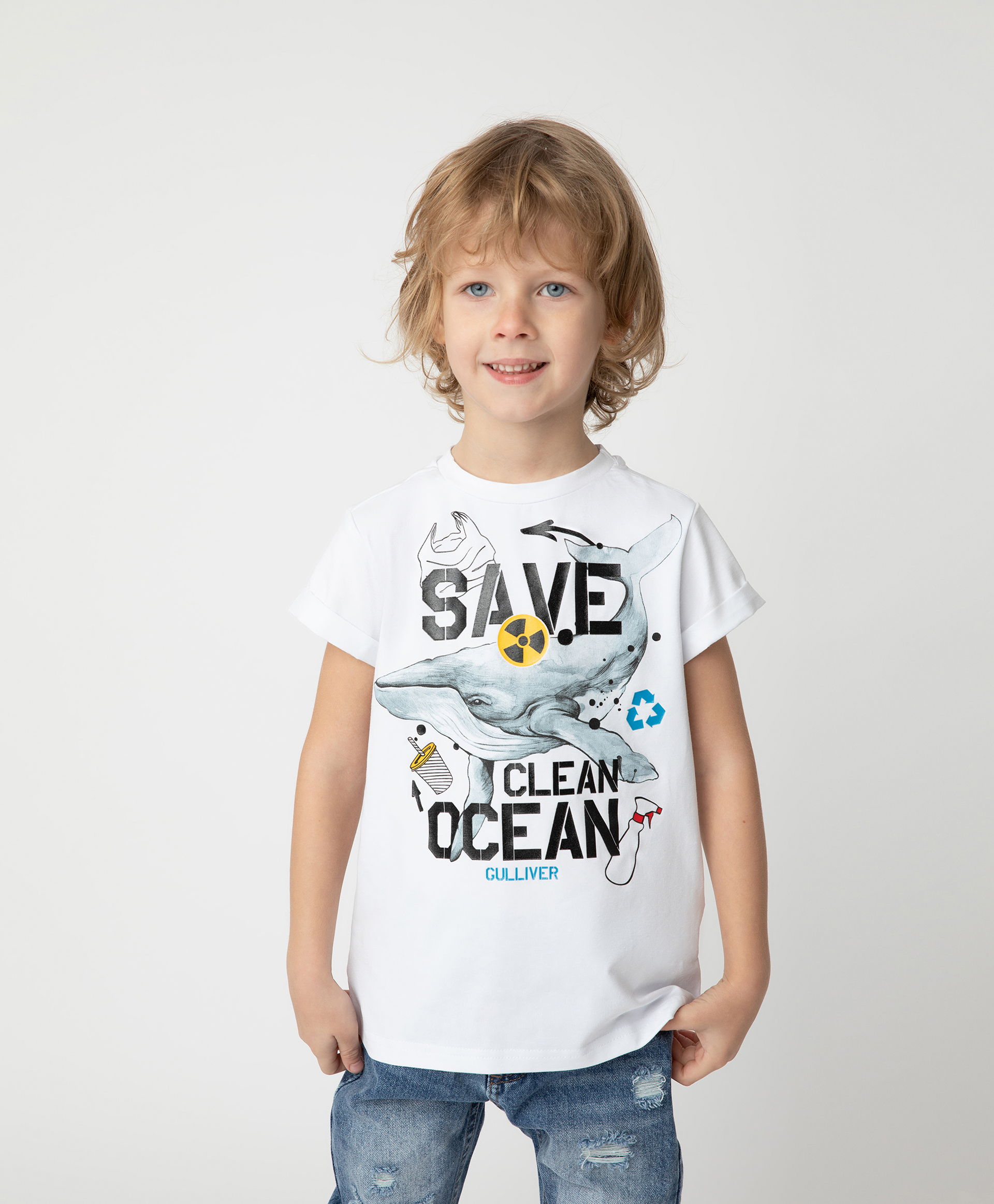 Футболка Save Clean Ocean для мальчика Gulliver 120FBMC1203, размер 122, цвет белый
