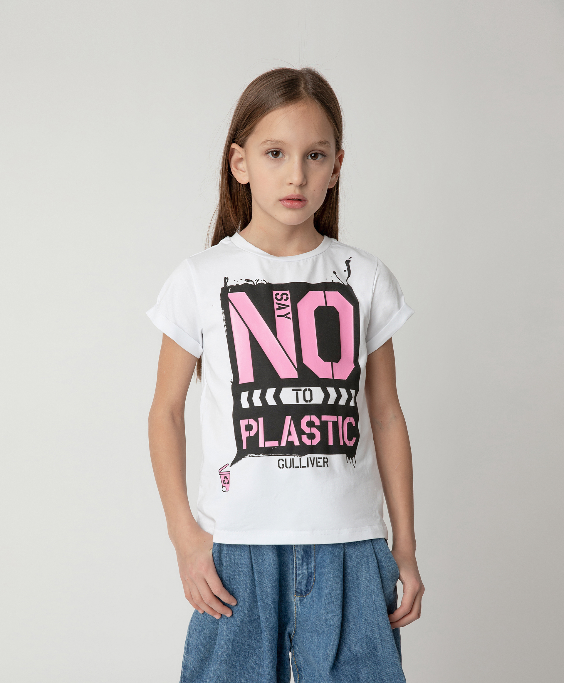 Футболка Say No To Plastic для девочки Gulliver 120FGJC1201, размер 134, цвет белый - фото 1