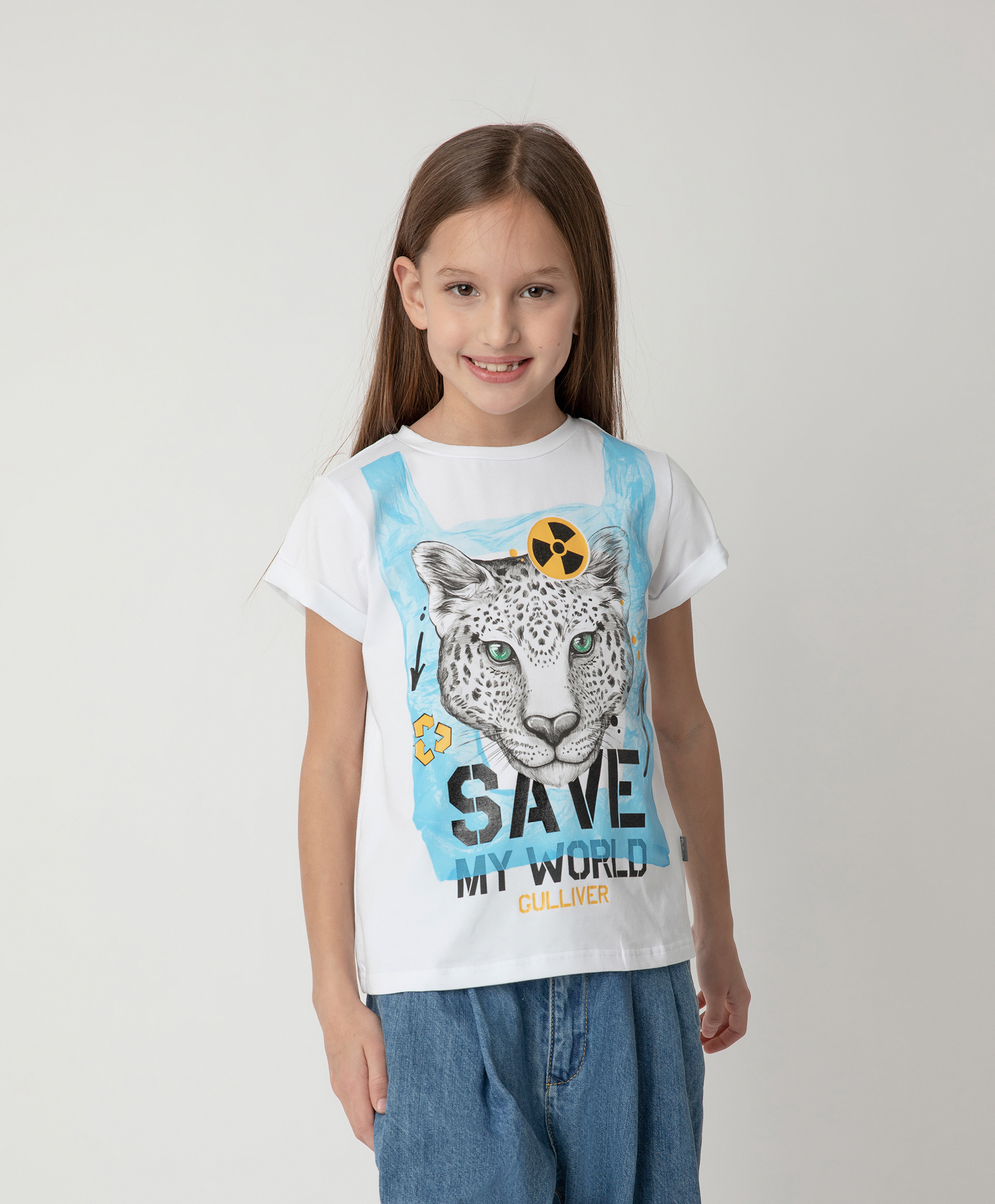 Футболка Save My World для девочки Gulliver 120FGJC1204, размер 146, цвет белый - фото 1