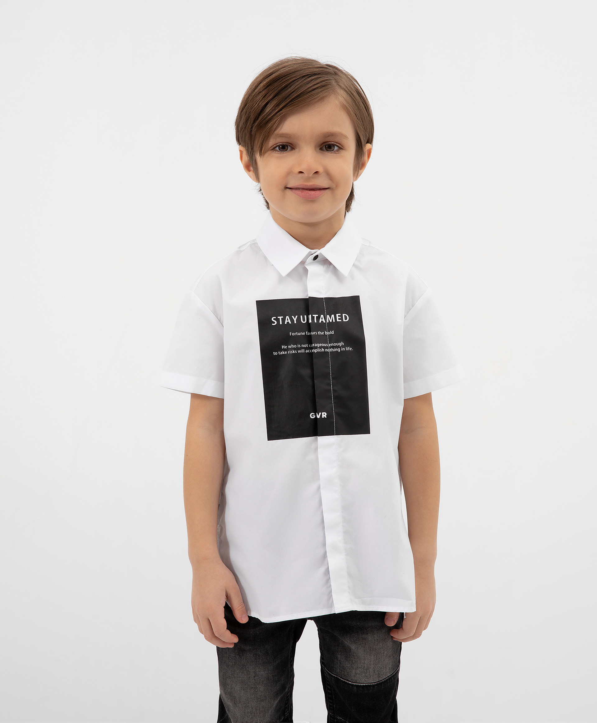 Купить 12204BMC2302, Рубашка с коротким рукавом с крупным принтом белая Gulliver, белый, 110, Хлопок, Мужской, ВЕСНА/ЛЕТО 2022 (shop: GulliverMarket Gulliver Market)