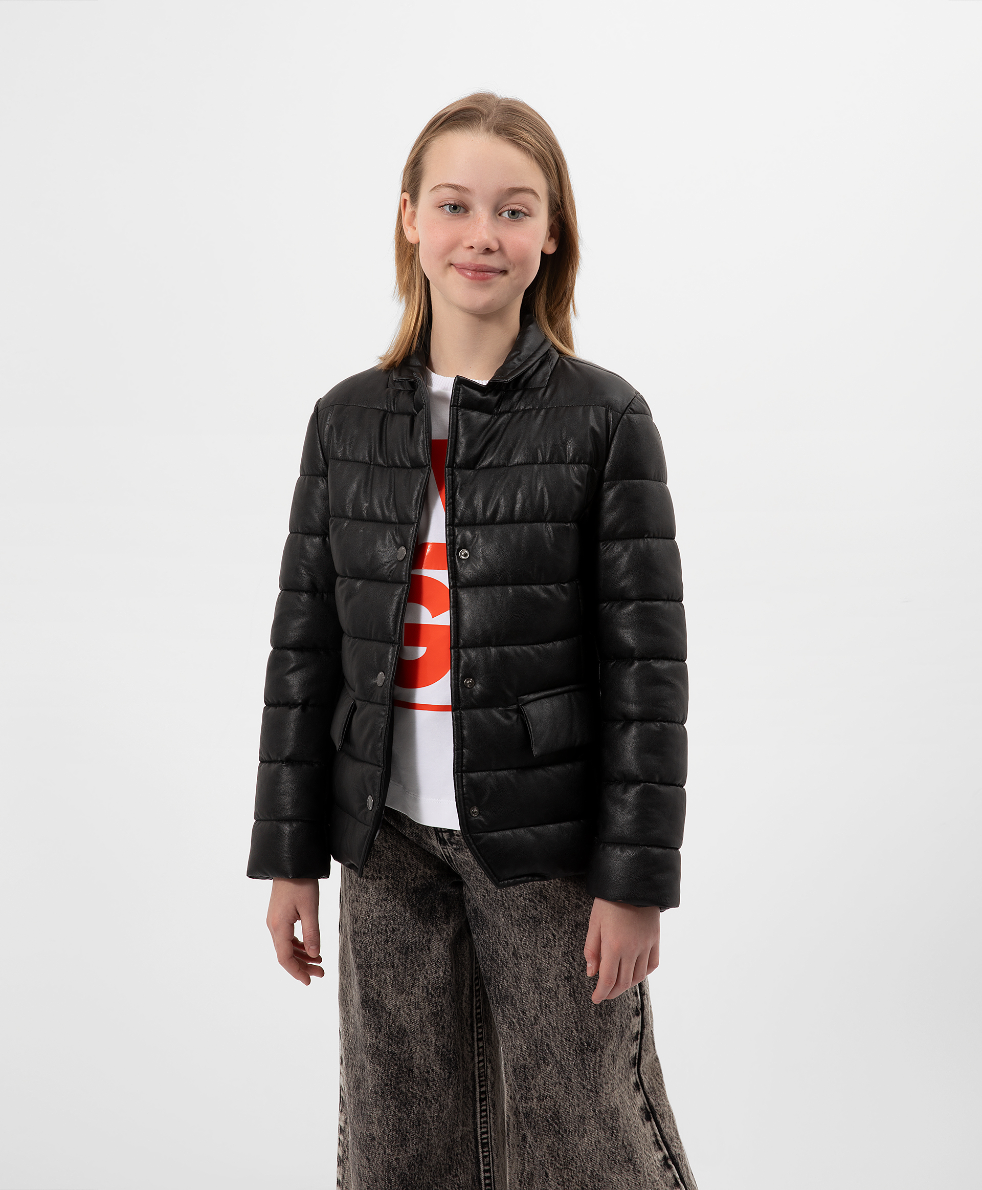 Куртка-пиджак на синтепоне из эко кожи с цветочным принтом Gulliver 12207GJC4103, размер 146 - фото 1