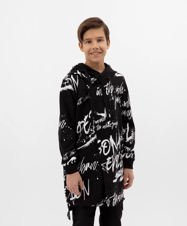 фото Толстовка на молнии удлиненная с принтом черная gulliver (152)