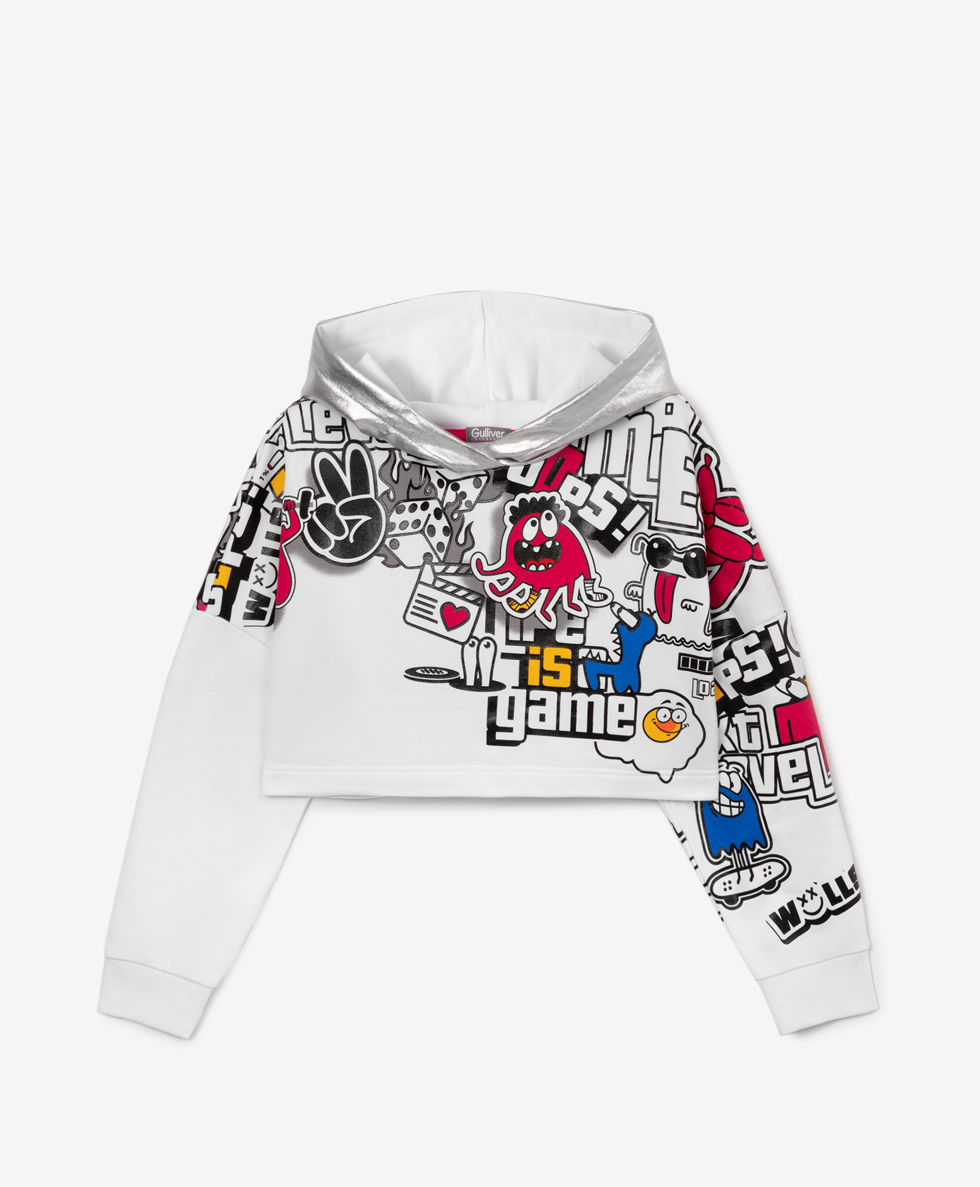 фото Толстовка укороченная с цветным принтом белая gulliver