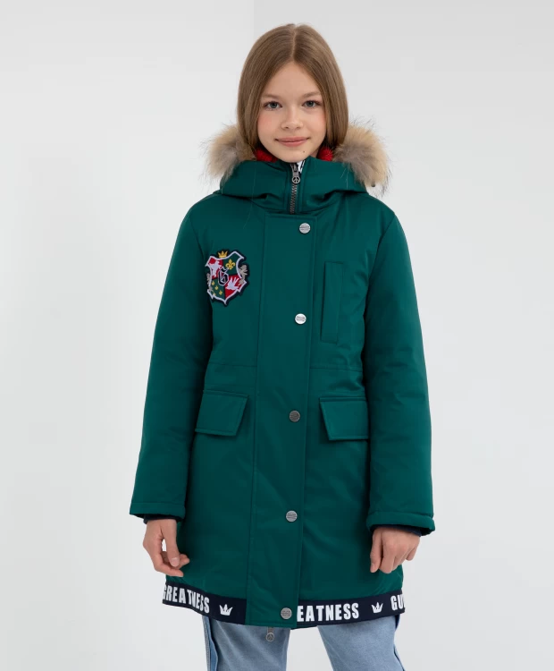 Куртка-парка зимняя с шрифтовым декором и натуральным мехом Gulliver