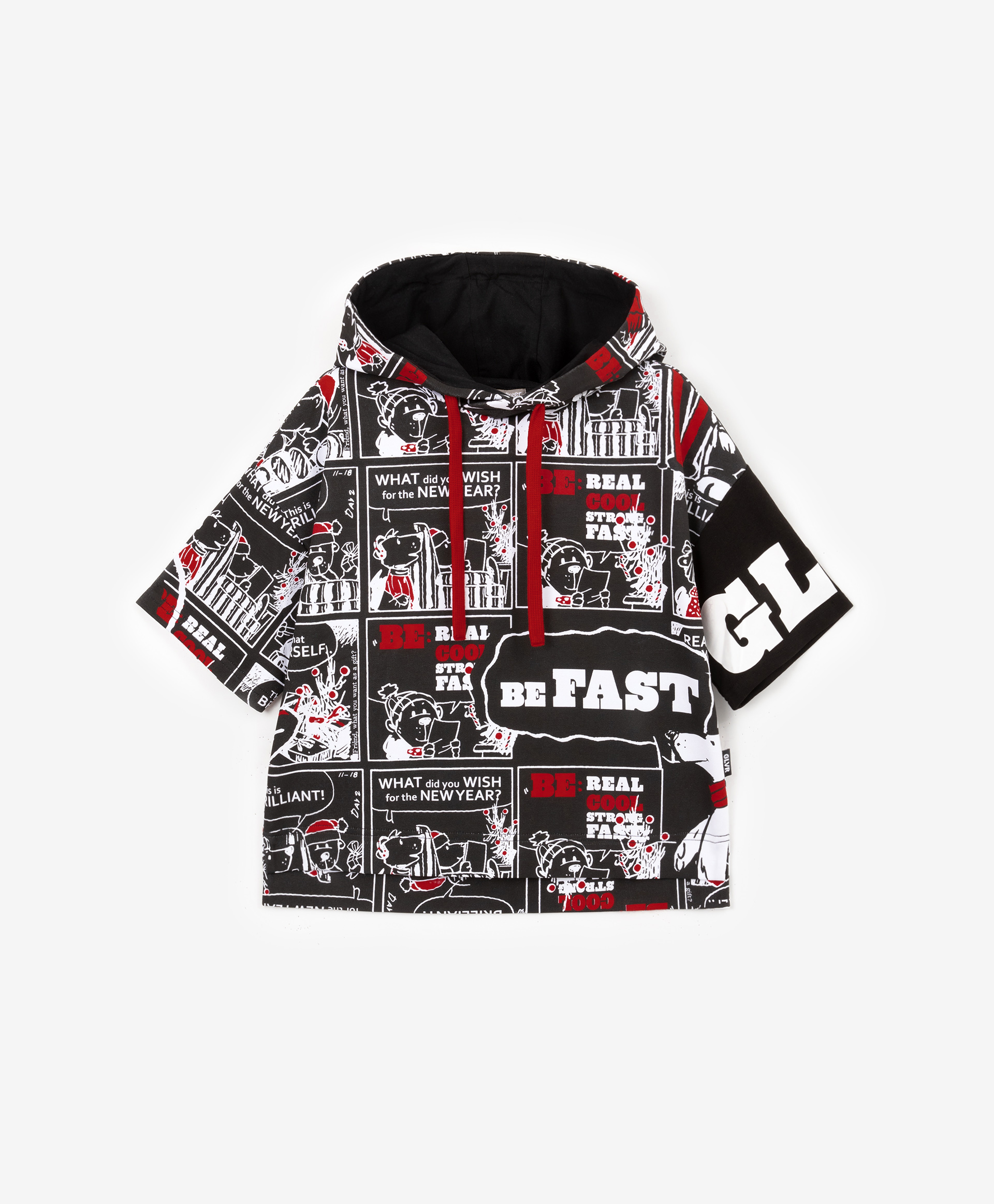 фото Толстовка для мальчика оверсайз с капюшоном и асимметричным новогодним принтом черная gulliver