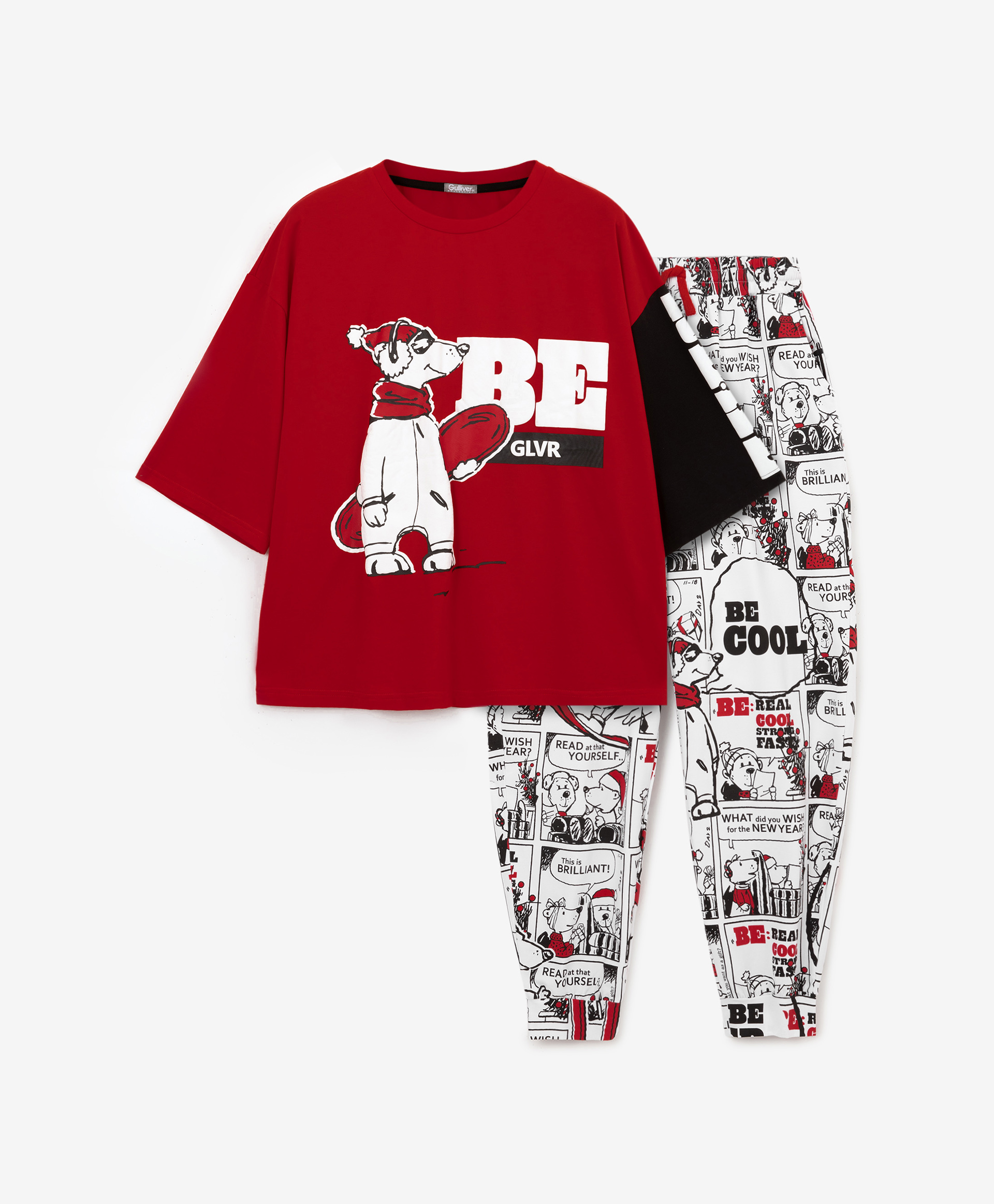 Пижама футболка с длинным рукавом и брюки с принтом Gulliver 222GLVRGAC9702, размер L, цвет красный - фото 1