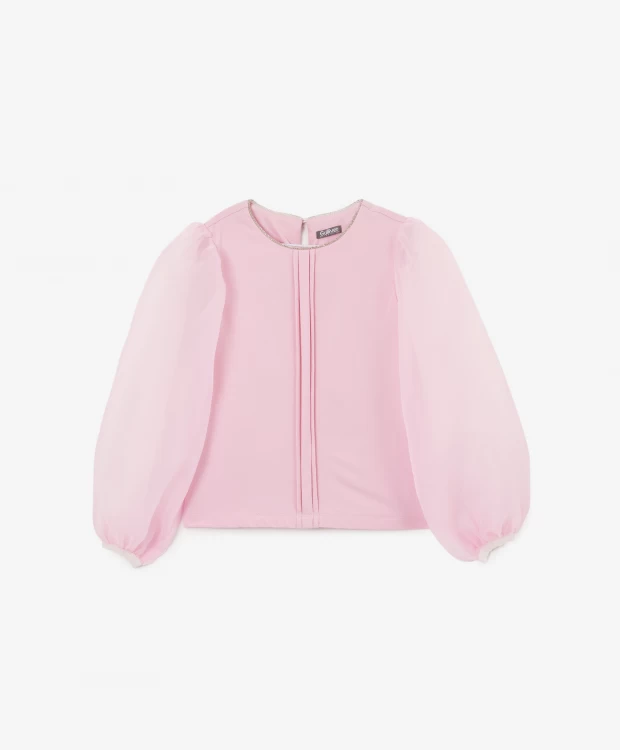 Блузка комбинированная с объемными рукавами розовая Gulliver
