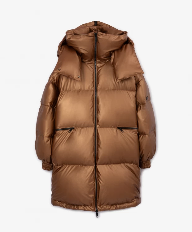 Пальто оверсайз зимнее с капюшоном золотистого цвета GLVR цена и фото