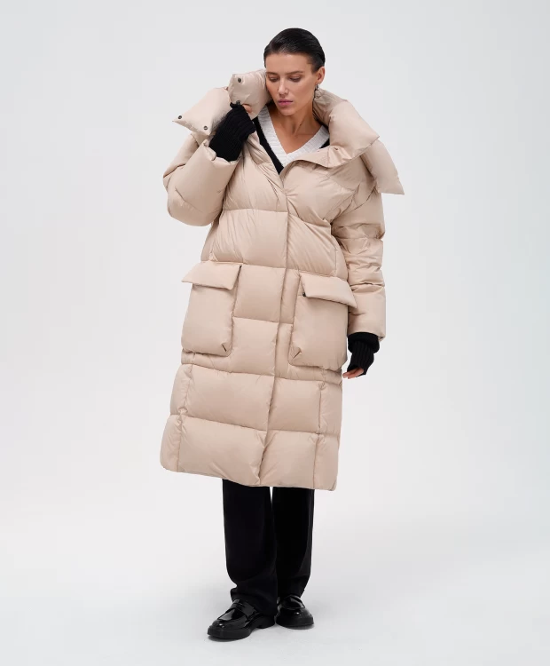 фото Пальто оверсайз с капюшоном бежевое glvr (s)